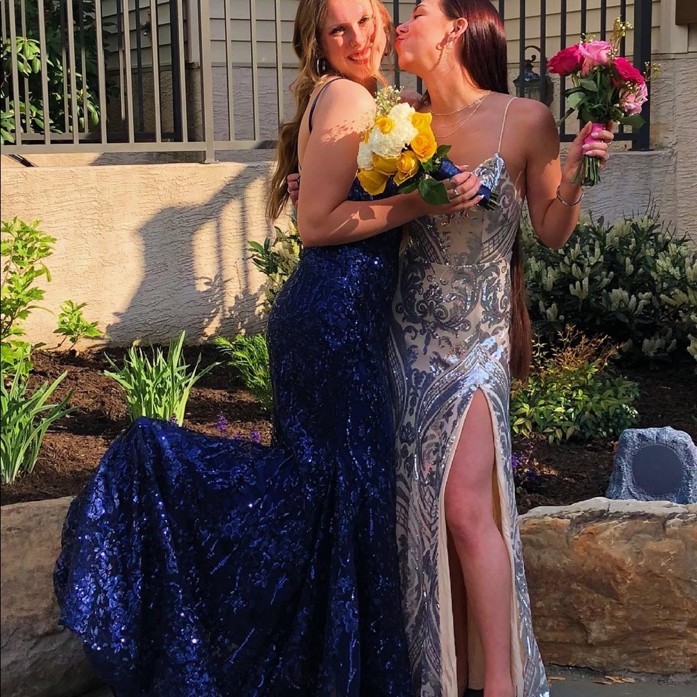 Barely used Navy blue, sequenced prom dress